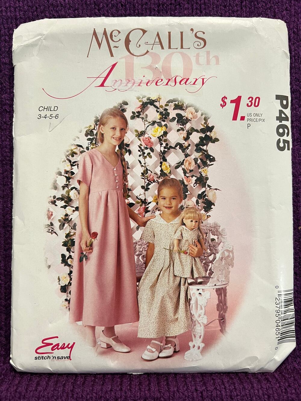 McCalls 465 sewing pattern girls dress dress for 18" doll